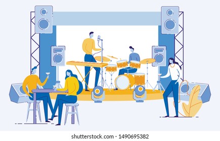 Musicians Performing on Outdoor Stage, People Visitors Having Drink and Listening to Music Flat Cartoon Vector Illustration. Couple Sitting at Table and Holding Glasses. Man Singing and Playing.