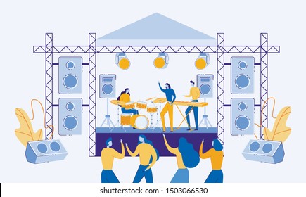 Musicians Performing on Outdoor Stage, People Dancing and Listening to Music Flat Cartoon Vector Illustration. Girl Playing Drums, Singing and Boy Playing Synthesizer. Speakers and Light.