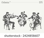 Musicians performing on violins and cello at orchestra concert. Hand drawn vector illustration.