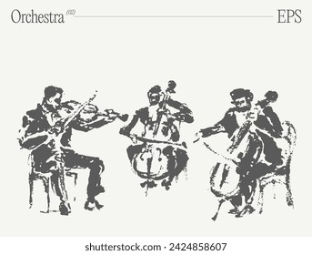 Musicians performing on violins and cello at orchestra concert. Hand drawn vector illustration.