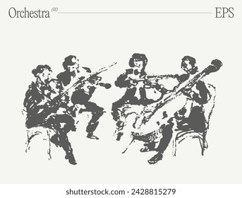 Musicians performing on violins and cello at orchestra concert. Hand drawn vector illustration.