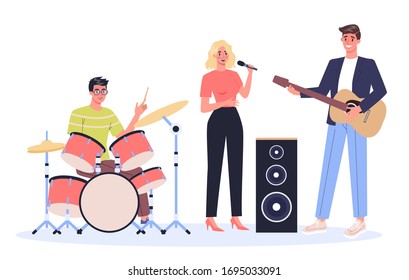 Musicians performing a show or concert. Young band playing instruments, woman singing with microphone. Creative profession. Vector illustration in flat style isolated