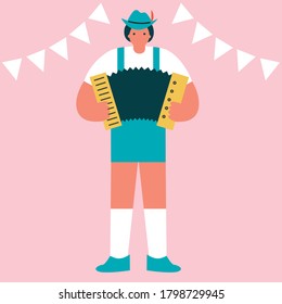 Musicians play at the festival in national Bavarian costumes. Vector EPS10. Cartoon flat illustration. Germany oktoberfest beer poster illustration.