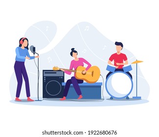 Musicians play musical instruments. Group of musicians playing music, Band concert illustration. Music instruments guitarist drummer, singer artist with microphone. Vector illustration in a flat style