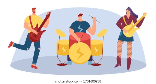 Musicians play musical instruments of rock music. Young woman and man with a guitar. The man behind the drums. Vector illustration