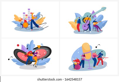 Musicians playing in band, set of concepts for music festival or recording studio, vector illustration. People playing musical instruments and singing, jazz band cartoon characters, pop rock singer