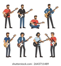 Musicians playing bass guitars in various positions