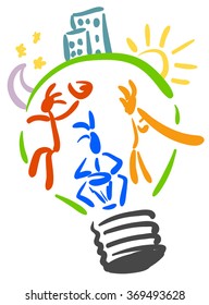 musicians playing didgeridoo, African drums, Indian singing bowl. Inside the bulb - idea. Logo esoteric parties. Hand-drawn