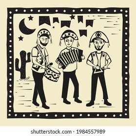 Musicians playing in Festa Junina vector. Traditional Brazilian music concept. Woodcut style illustration. 