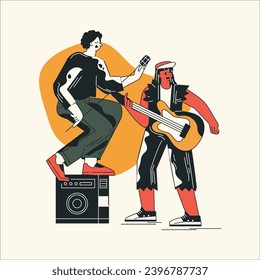 Musicians playing guitar and singing on stage. Vector illustration in cartoon style