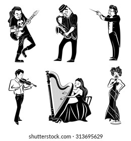 Musicians playing harp violin guitar saxophone and symphony orchestra conductor black icons set abstract isolated vector illustration