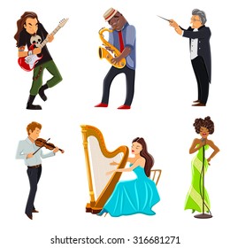 Musicians playing harp violin guitar saxophone and symphony orchestra conductor flat icons set abstract isolated vector illustration