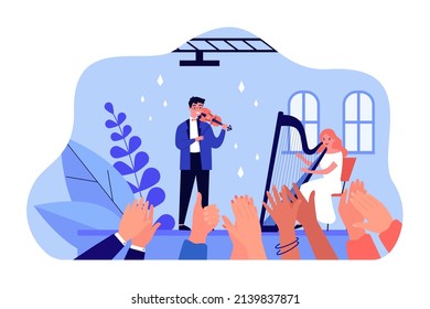 Musicians playing harp and violin on concert stage. Fans hands clapping for artists flat vector illustration. Live classic music, performance concept for banner, website design or landing web page