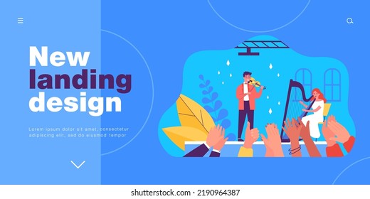 Musicians playing harp and violin on concert stage. Fans hands clapping for artists flat vector illustration. Live classic music, performance concept for banner, website design or landing web page