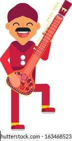 Musicians playing an India instrument it is called Sitar, a flat vector illustration. A boy and traditional instrument vector illustration, this illustration can use as a sticker also. 