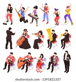 Musicians playing musical instruments isometric characters set with rock band  cellist trumpet classical jazz ensemble vector illustration
