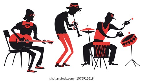 musicians playing on musical instruments, vector flat design, silhouettes illustration isolated 