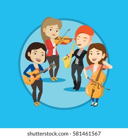 Musicians playing on musical instruments. Group of musicians playing on musical instruments. Musicians performing with instruments. Vector flat design illustration in the circle isolated on background