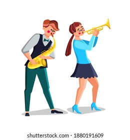 Musicians Playing on Saxophone And Trumpet Vector. Young Man Saxophonist And Woman Play On Trumpet Musical Instruments. Characters Performers Jazz Orchestra Music Flat Cartoon Illustration