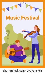 Musicians are playing in the park. Violinist and guitarist. For banner, cover, templates, posters. Vector illustration in flat cartoon style.