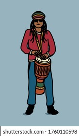 Musicians playing reggae music with djembe drum vector illustration. Man playing djembe drum instrument.