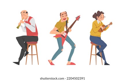 Musicians playing ukulele, guitar and flute set cartoon vector illustration