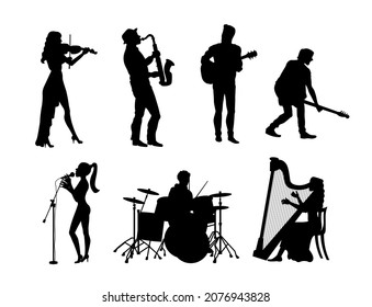 Musicians playing violin, acoustic guitar, electric guitar, saxophone, drums, harp and woman singing silhouette vector illustration