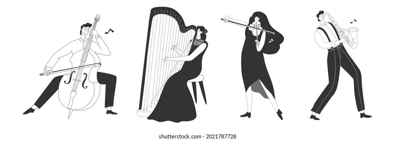 Musicians plays musical instrument. Orchestra, band, meditation, playing music, cello, harp, saxophone, viola. Isolated on white background. Vector illustration. Flat style. Festival poster.