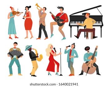 Musicians. Professional orchestra and musician band. Isolated people with music instruments. Vector male and female musical characters