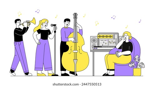 Musicians record music linear. Men and woman with musical instruments. Vocalist, saxophonist and bass guitarist. Creativity and art. Simple flat vector illustration isolated on white background