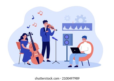 Musicians recording music with professional equipment. People playing violin and cello flat vector illustration. Audio record, production concept for banner, website design or landing web page