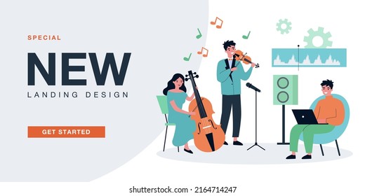 Musicians recording music with professional equipment. People playing violin and cello flat vector illustration. Audio record, production concept for banner, website design or landing web page