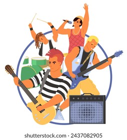 Musicians rock band round poster vector illustration. Man and woman artists wearing rocking outfit playing musical instruments singing song in microphone performing