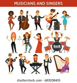 Músicos cantantes de rock, jazz y orquesta, instrumentos musicales vectoriales iconos planos