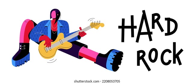 Musicians rocker plays guitar. Lettering is the King of rock. Punk in big boots on a white background