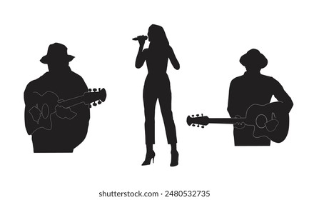 Musicians set guitarplayers with lady singer flat silhouettes