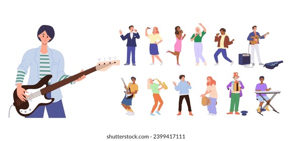 Musicians set with happy man and woman guitarist, saxophonist, singer vocalist, synthesizer player