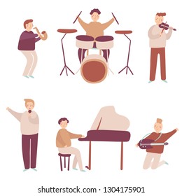 Musicians set including saxophone, drums, piano, guitar, violin and singer. People set with musical instruments