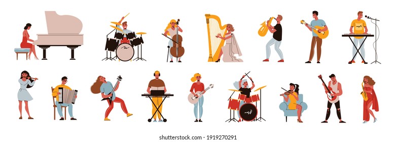 Musicians set with isolated human characters of doodle musicians playing different musical instruments on blank background vector illustration