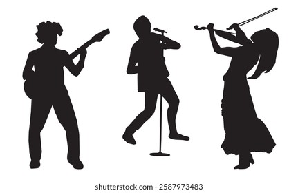 musicians set music icons with bass, singer and a lady violinist