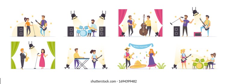 Musicians set with people characters in various scenes creator kit and situations. Rock band playing guitar, drum and synthesizer. Jazz orchestra. Bundle of studio audio record in flat style.