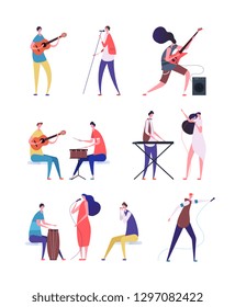 Musicians set. People performing rock music. Artist with musical instruments and singers. Vector cartoon characters isolated