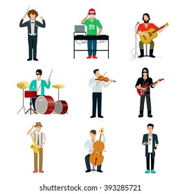 Musicians showman flat web infographic concept vector icon set. Group of creative young people playing instrument scene concert. DJ bard drummer rock guitarist entertainer emcee saxophonist violinist