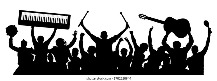 Musicians silhouette. Crowd of people with musical instruments