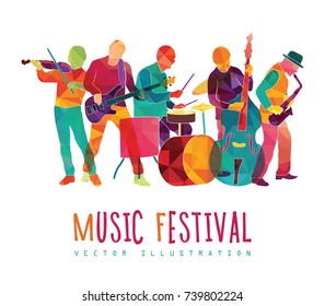 Musicians silhouettes. Colorful music background. Music festival. Vector illustration