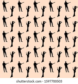 musicians silhouettes seamless pattern background.  Female saxophonists and male guitar player. People playing saxophone and guitar.