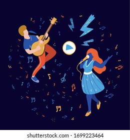 Musicians, singer and guitarist on a blue background surrounded by notes of small ornaments. Vector illustration, night, lightning, button play.