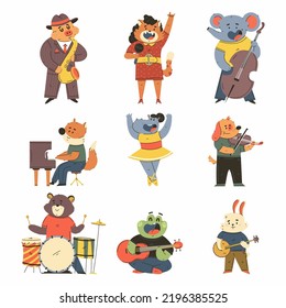 Musicians, singers and dancing animals vector cartoon characters set isolated on a white background.