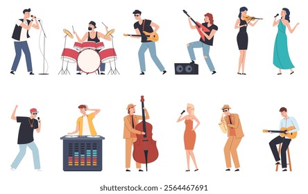 Musicians and singers. Different styles of music. People playing different instruments. Music festivals. Vector illustrations