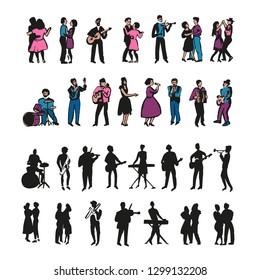 Musicians and singers isolated on white background. Set of vector characters singing songs and playing musical instruments. Hand drawn collection of young men and women at stage performance or concert